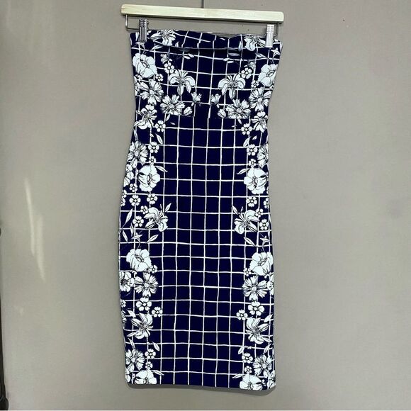 Express Womens Floral Grid Strapless Bodycon Midi Dress Size 2 - Picture 1 of 8